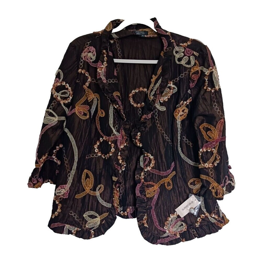 Dressbarn Collection Floral‎ Blazer Jacket Button Up Ruffle Ribbon Brown L